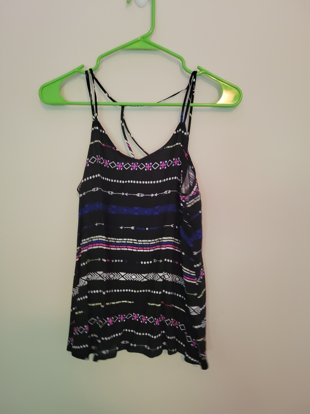 Women's Strappy Printed Tank Top - Black with Pink & Blue Accents